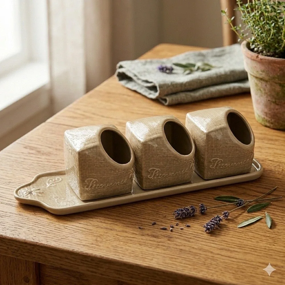 Vintage Revol France Provence Tan Ceramic Spice Cellar Jar Set & ServingTray 4pc